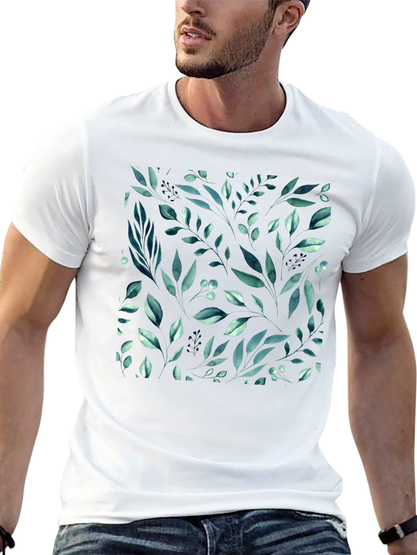 Botanical Leaf Pattern Black T-Shirt