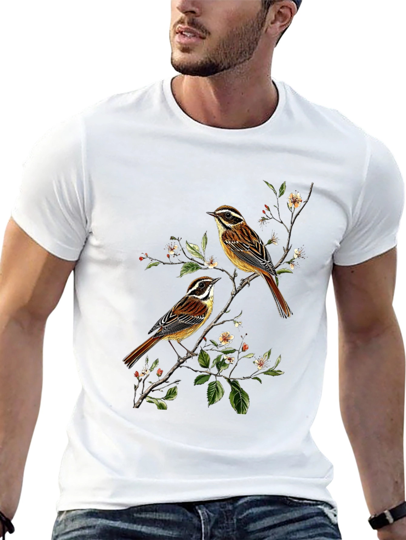 Birds on Branch Graphic Tee - Black Cotton Shirt
