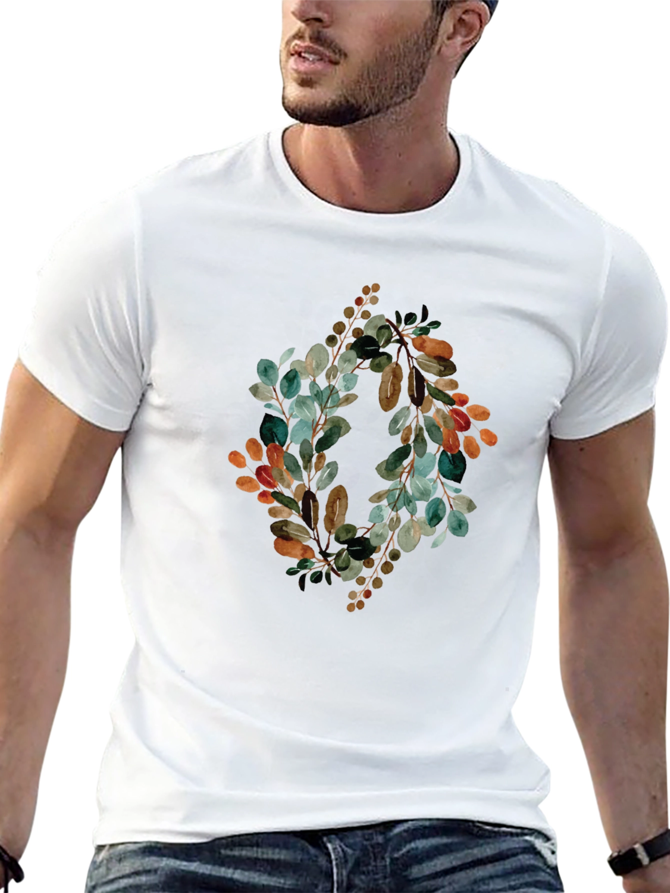 Botanical Wreath Graphic Tee - Stylish Mens Black T-Shirt