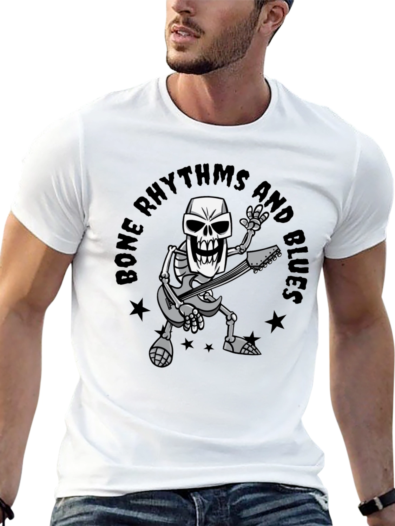 Bone Rhythms & Blues Skeleton Guitar T-Shirt