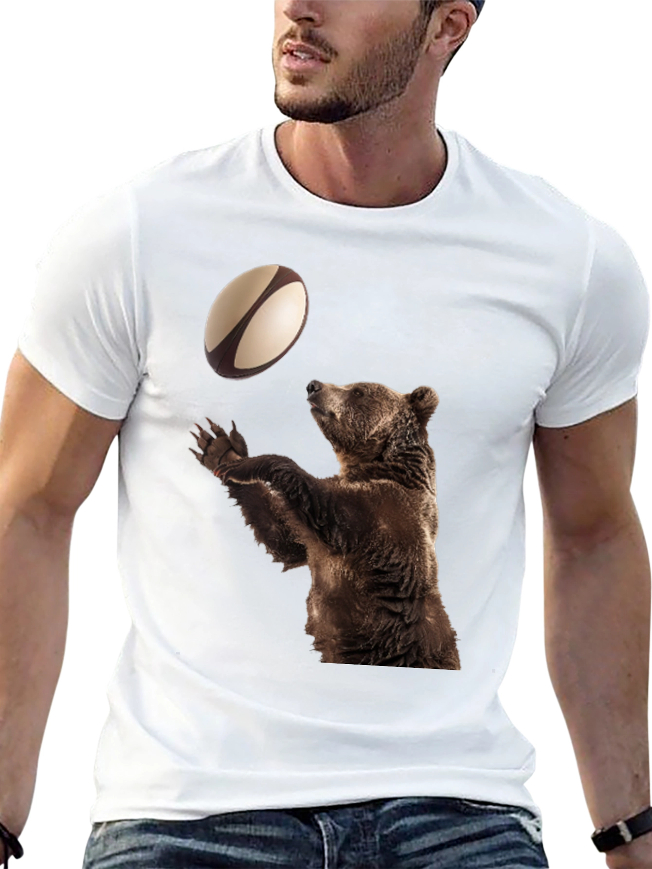 Bear Catching Rugby Ball Black T-Shirt