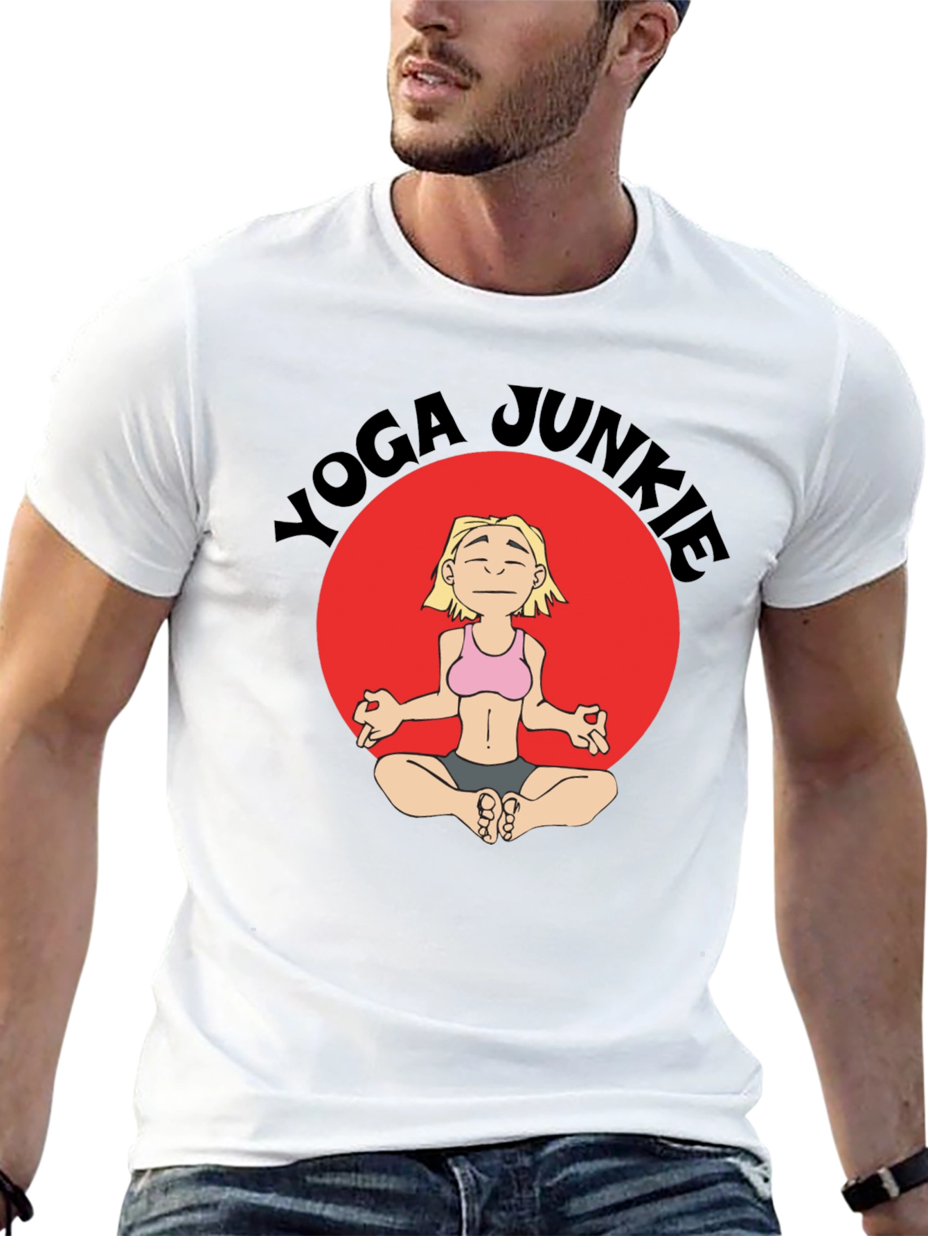 Yoga Junkie Black T-Shirt with Cartoon Graphic