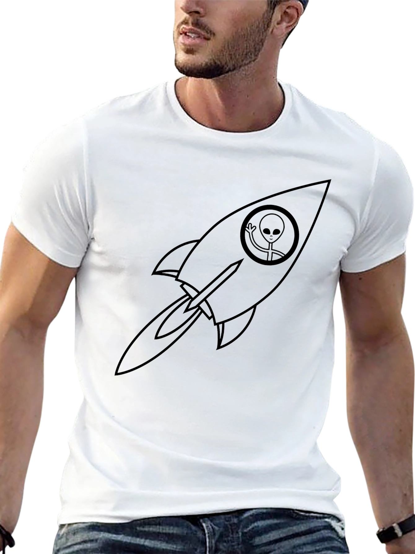 Alien Rocket Graphic Tee - Black Crew Neck T-Shirt
