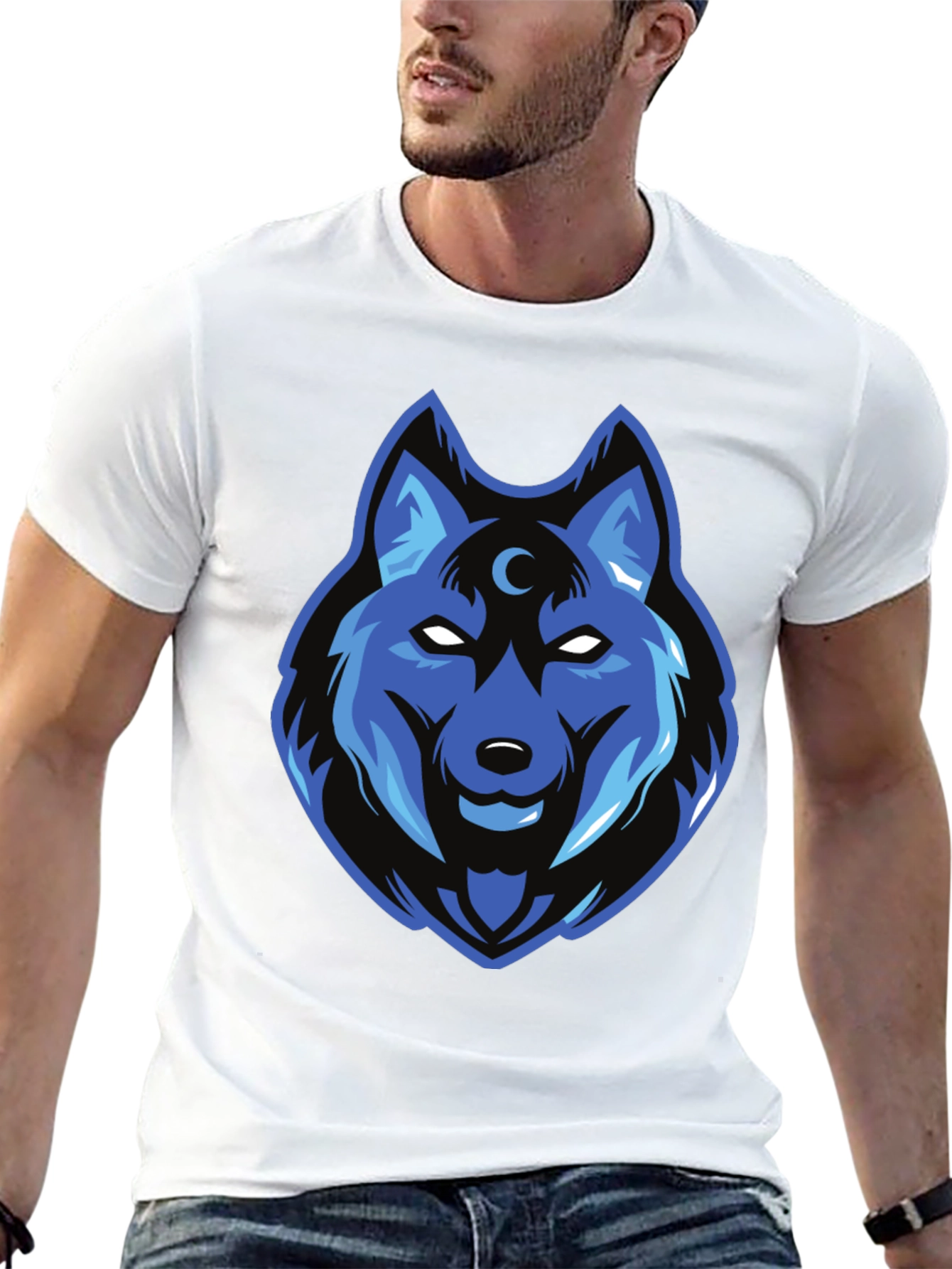 Blue Wolf Graphic Print Black T-Shirt