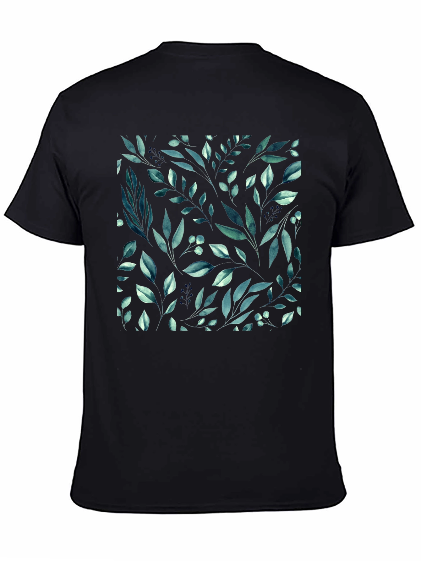 Botanical Leaf Pattern Black T-Shirt