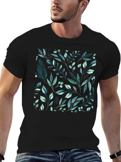 Botanical Leaf Pattern Black T-Shirt