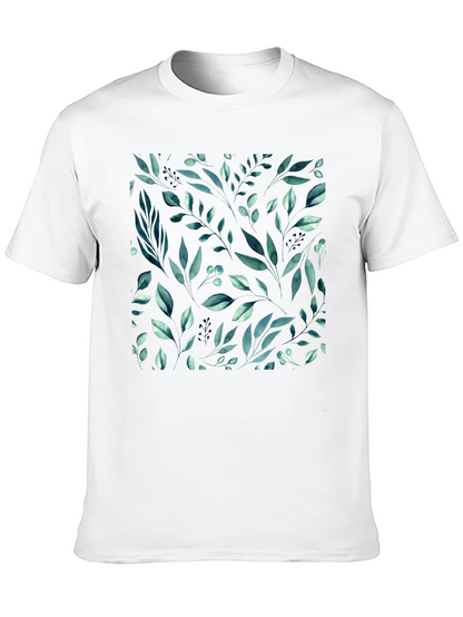 Botanical Leaf Pattern Black T-Shirt