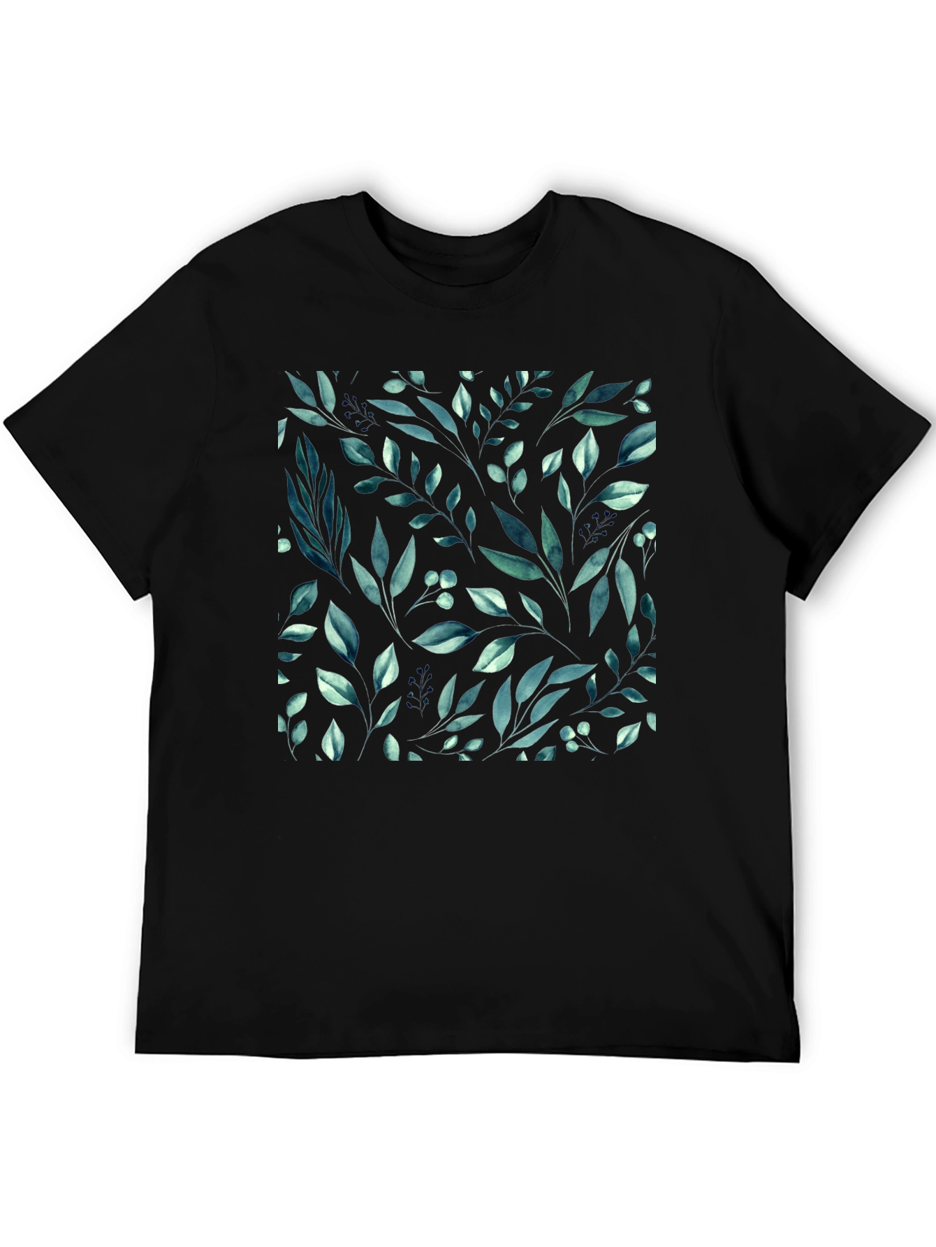Botanical Leaf Pattern Black T-Shirt