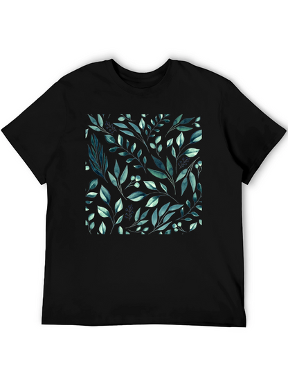 Botanical Leaf Pattern Black T-Shirt