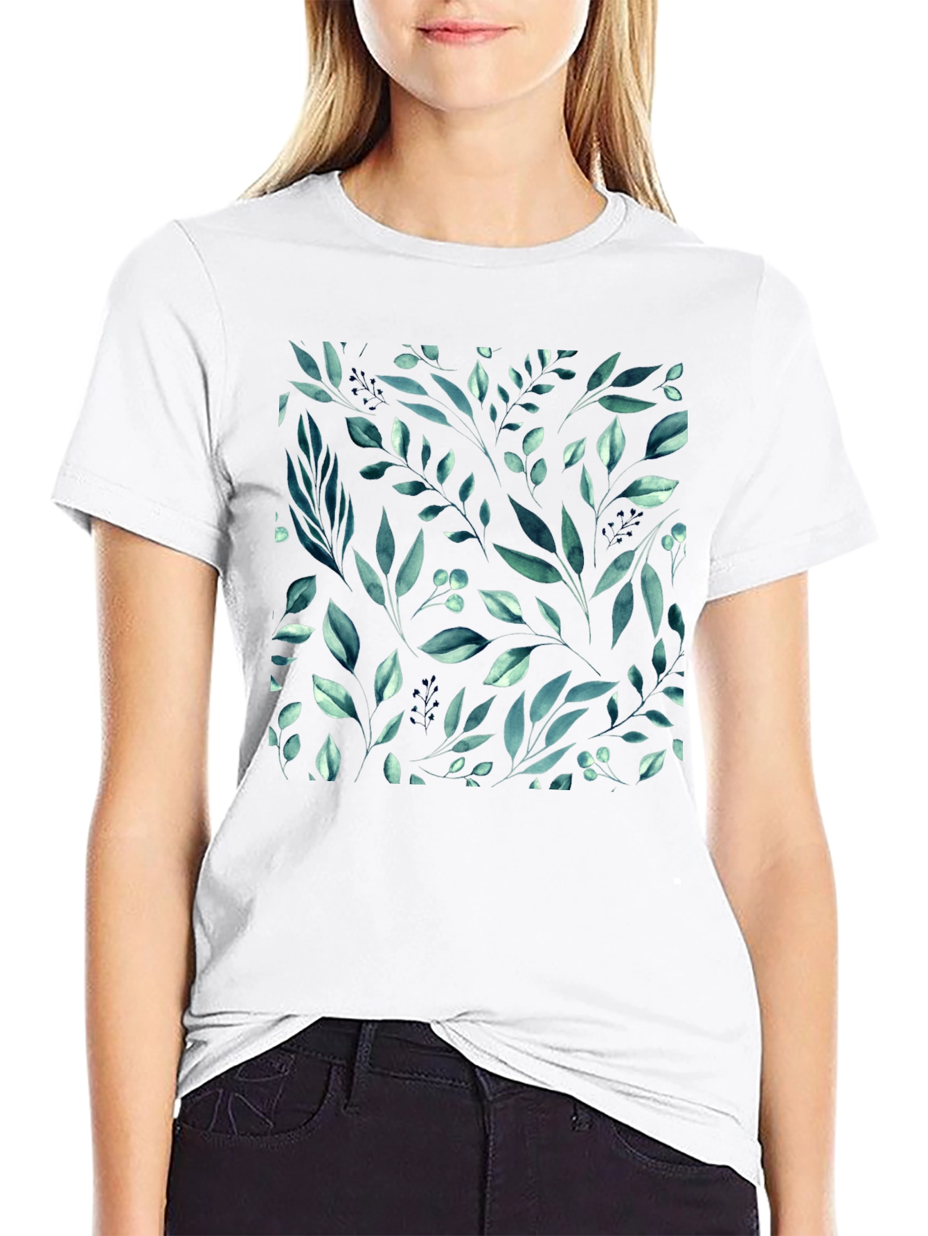 Botanical Leaf Pattern Black T-Shirt