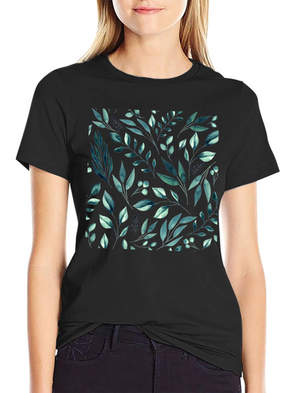 Botanical Leaf Pattern Black T-Shirt