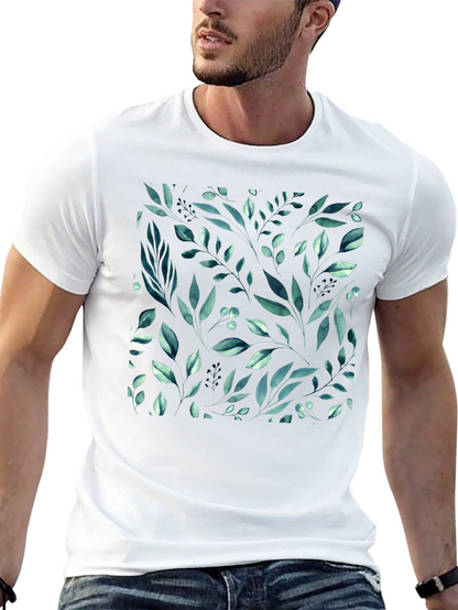 Botanical Leaf Pattern Black T-Shirt