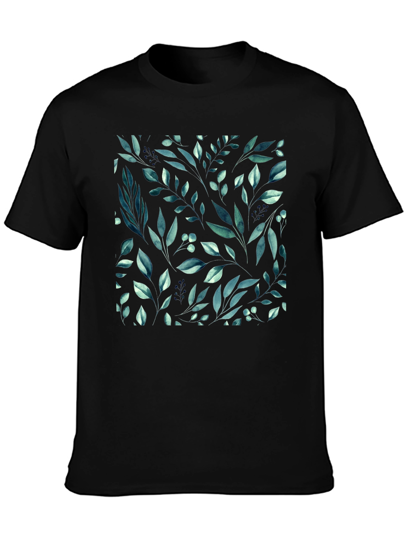 Botanical Leaf Pattern Black T-Shirt