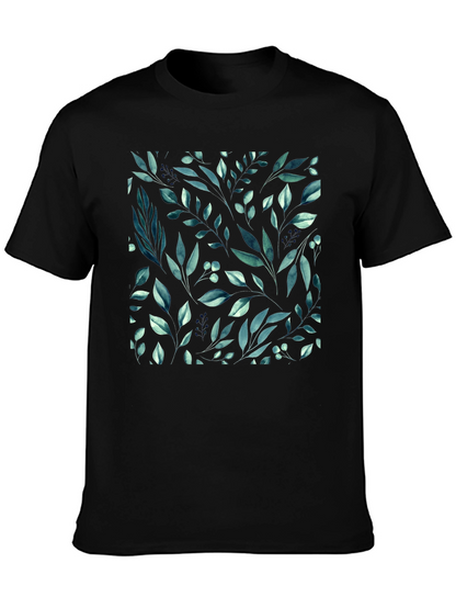 Botanical Leaf Pattern Black T-Shirt