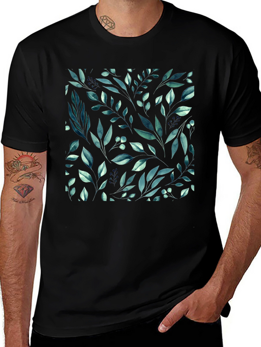 Botanical Leaf Pattern Black T-Shirt