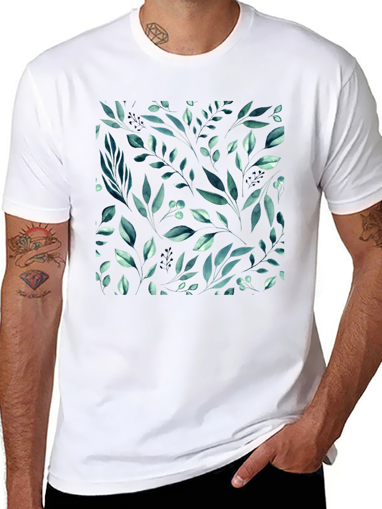 Botanical Leaf Pattern Black T-Shirt