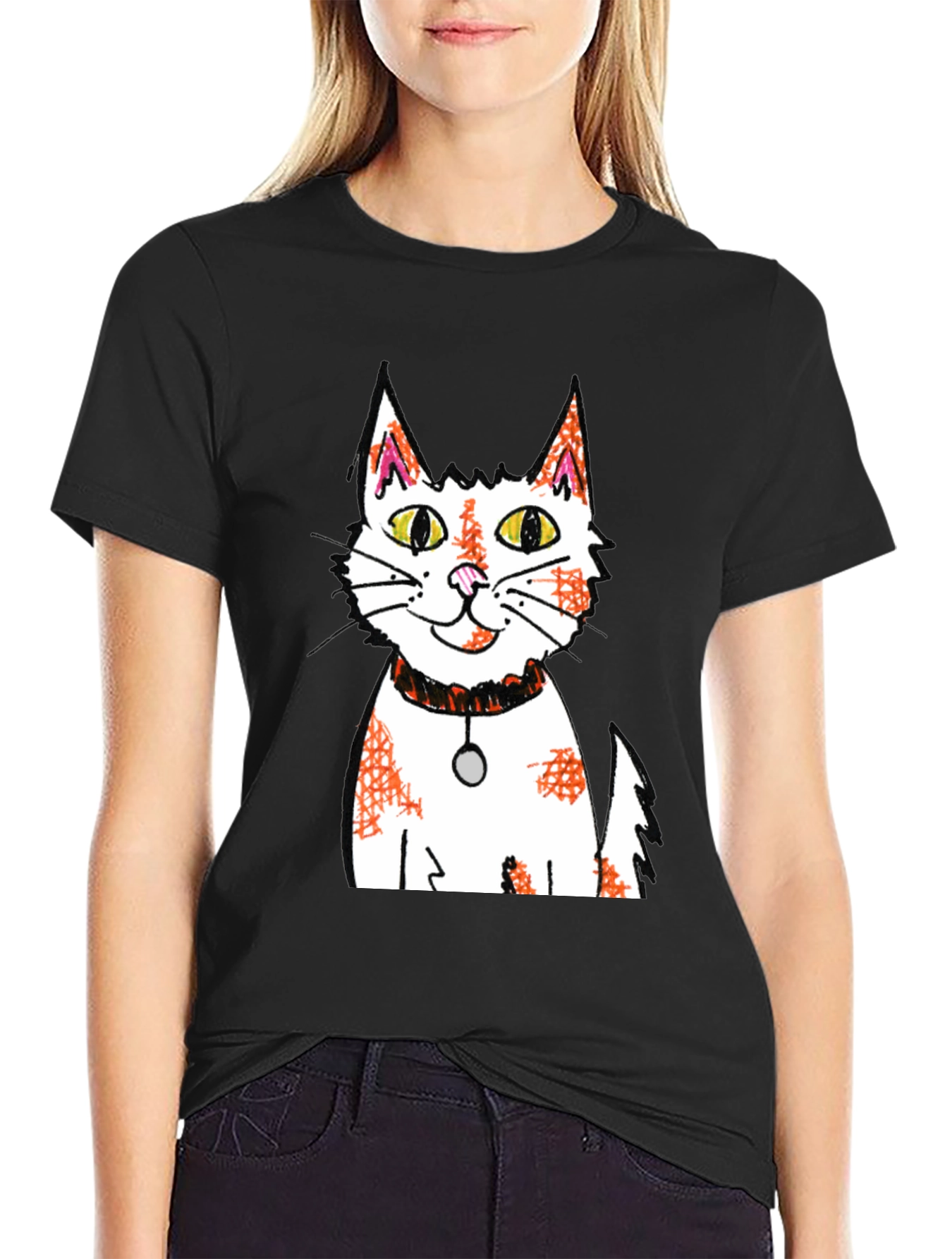 Cartoon Cat Graphic Print Black T-Shirt
