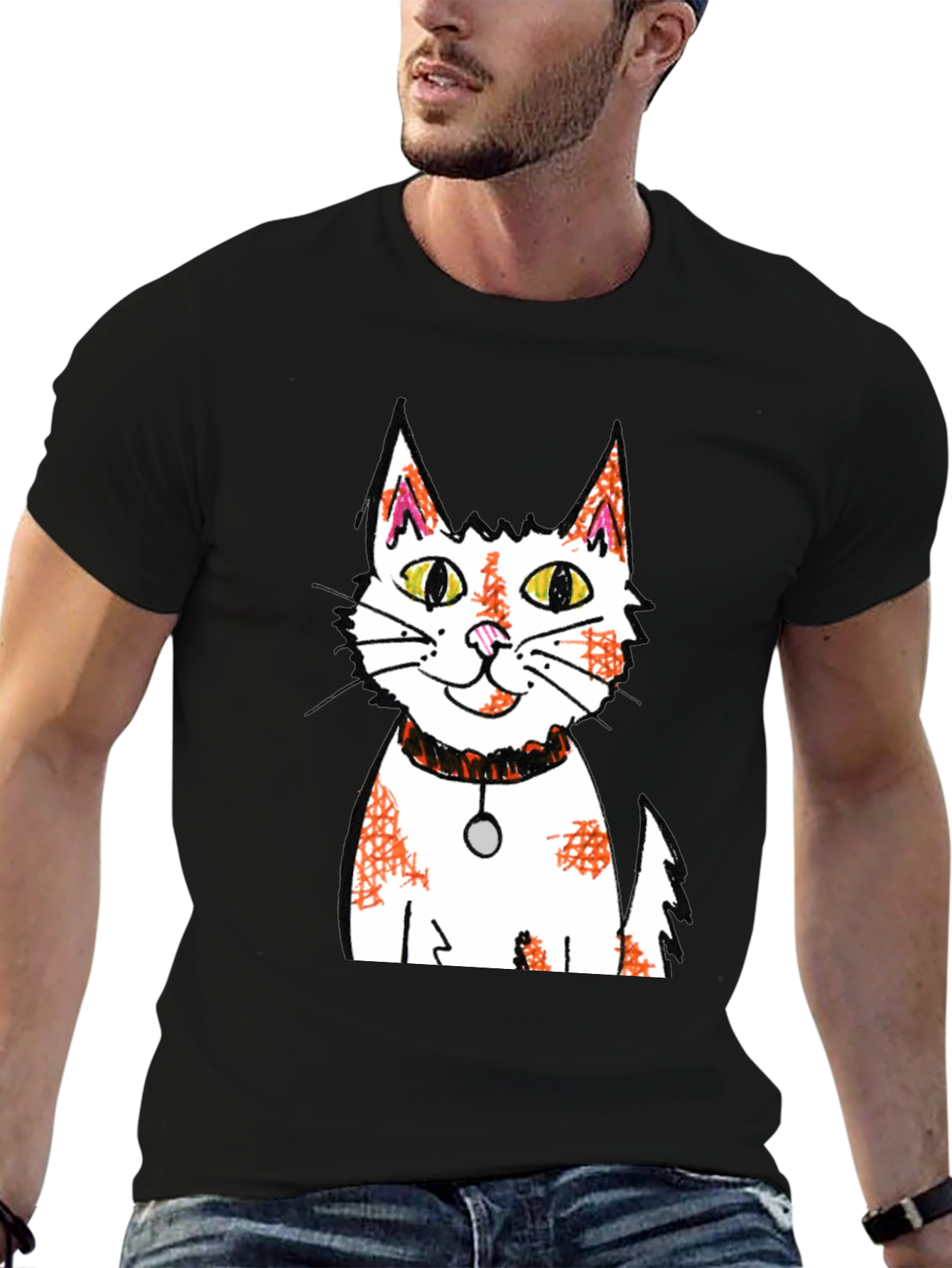 Cartoon Cat Graphic Print Black T-Shirt