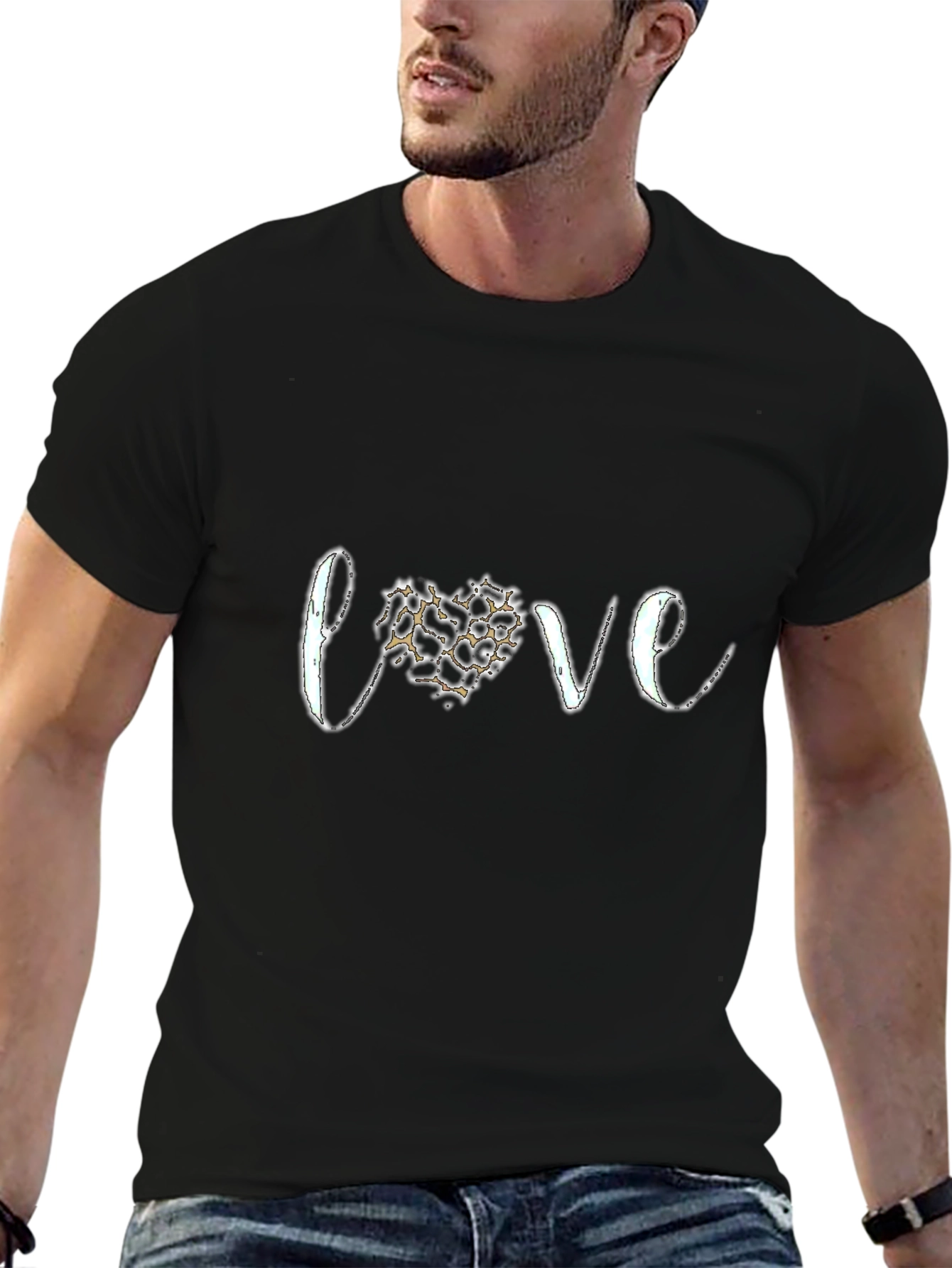 Love Leopard Print Heart Graphic Tee - Black