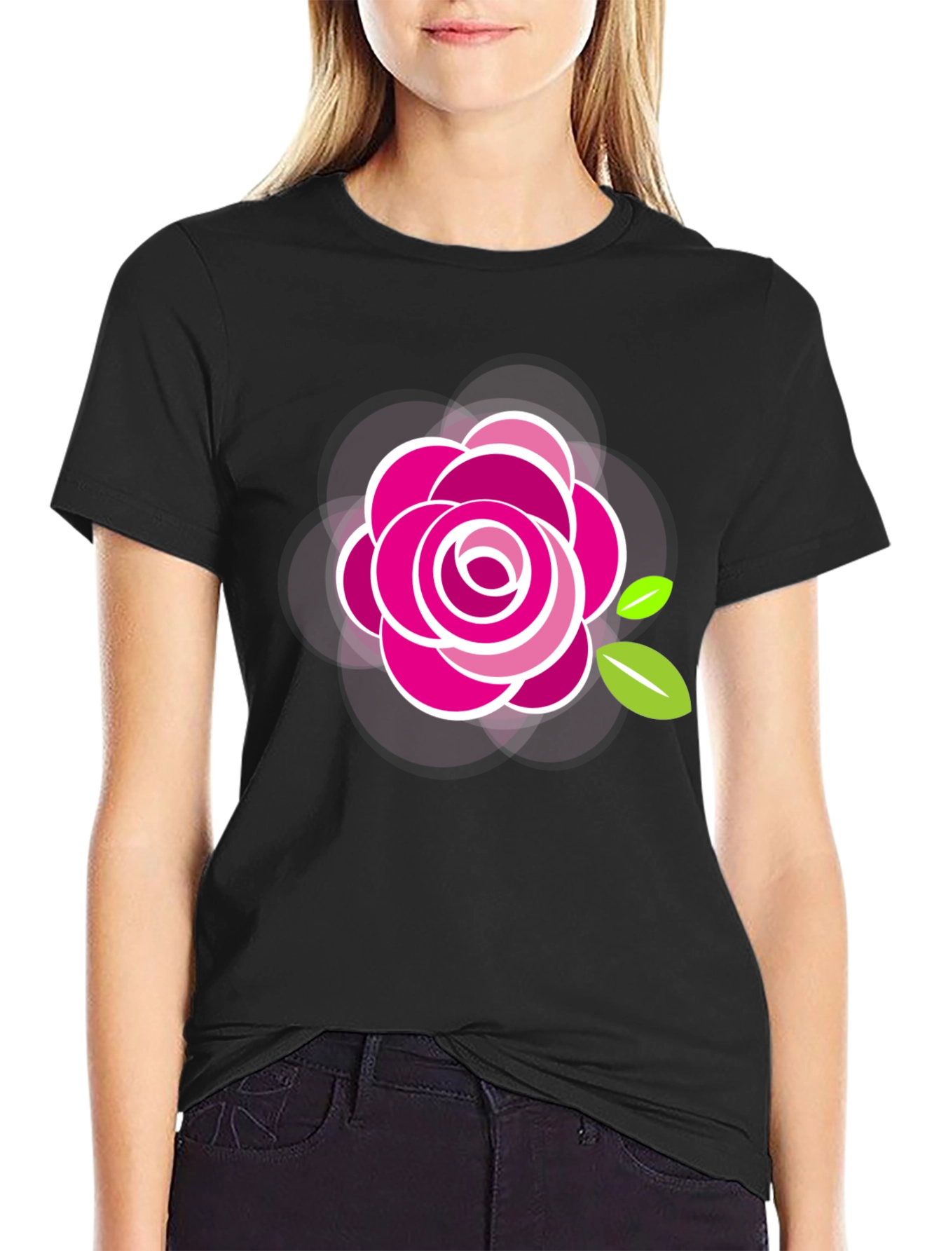Black T-Shirt with Stylish Rose Design