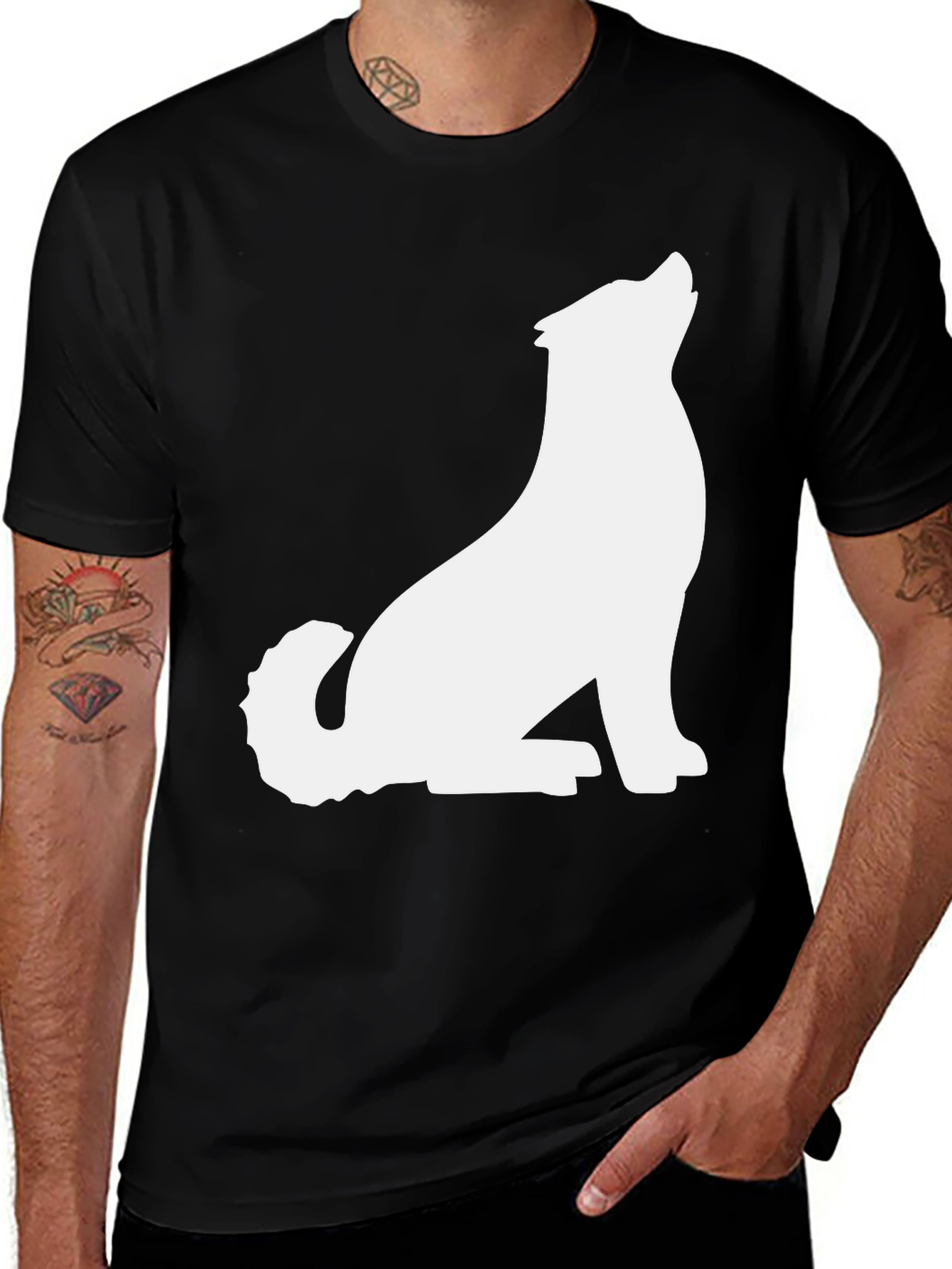 Black T-Shirt with White Wolf Graphic