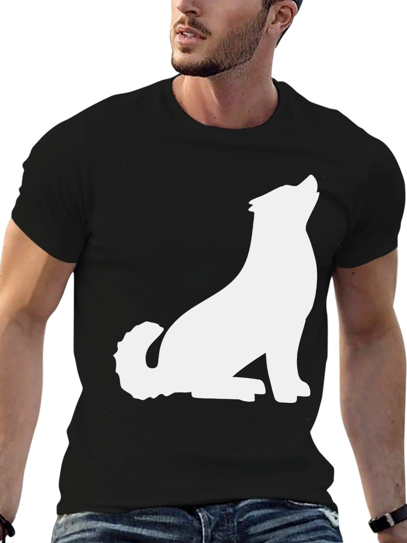 Black T-Shirt with White Wolf Graphic