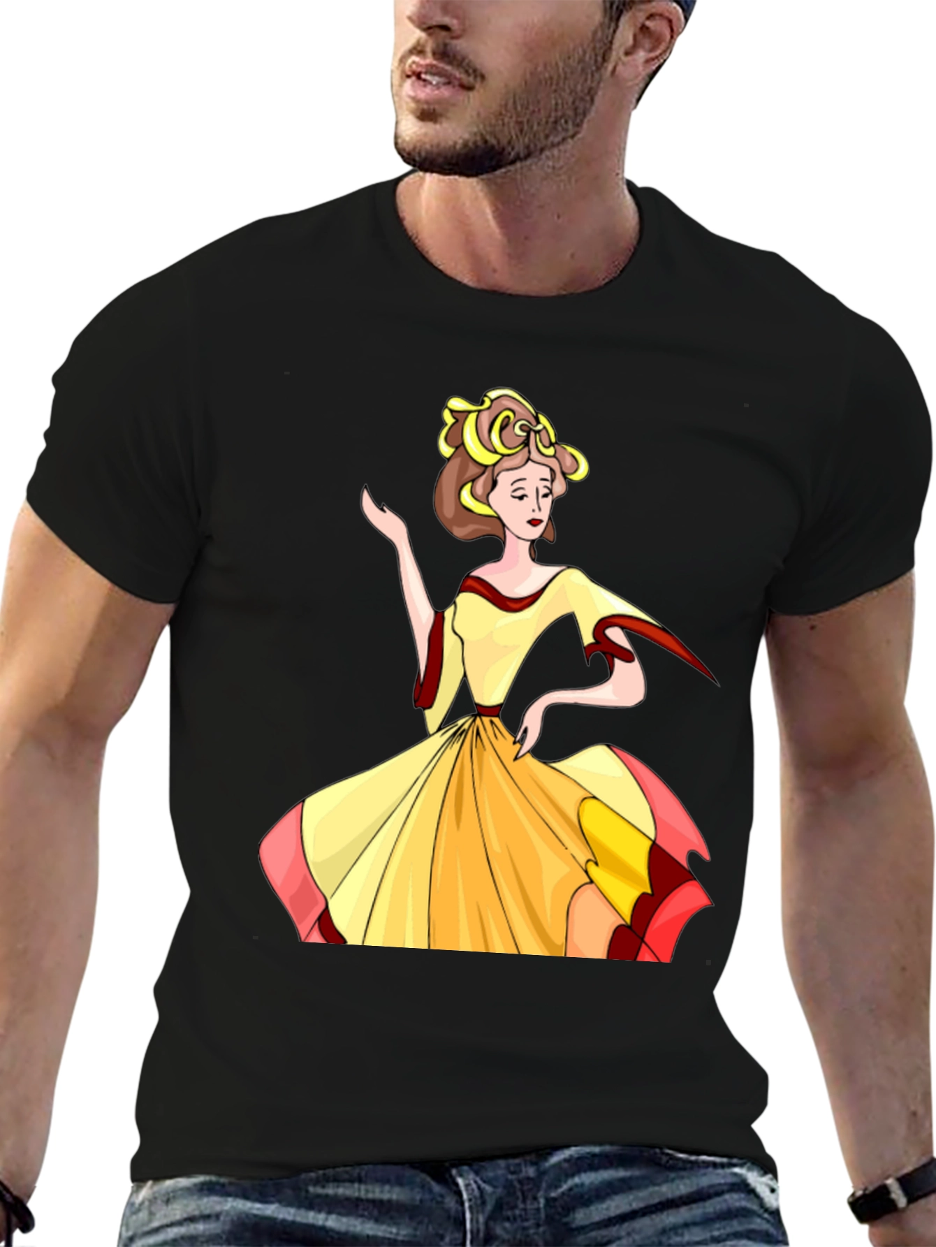 Cartoon Lady Print Black T-Shirt