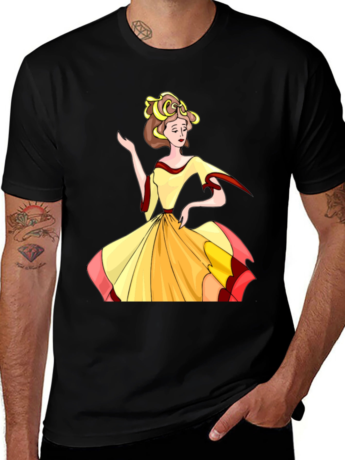 Cartoon Lady Print Black T-Shirt