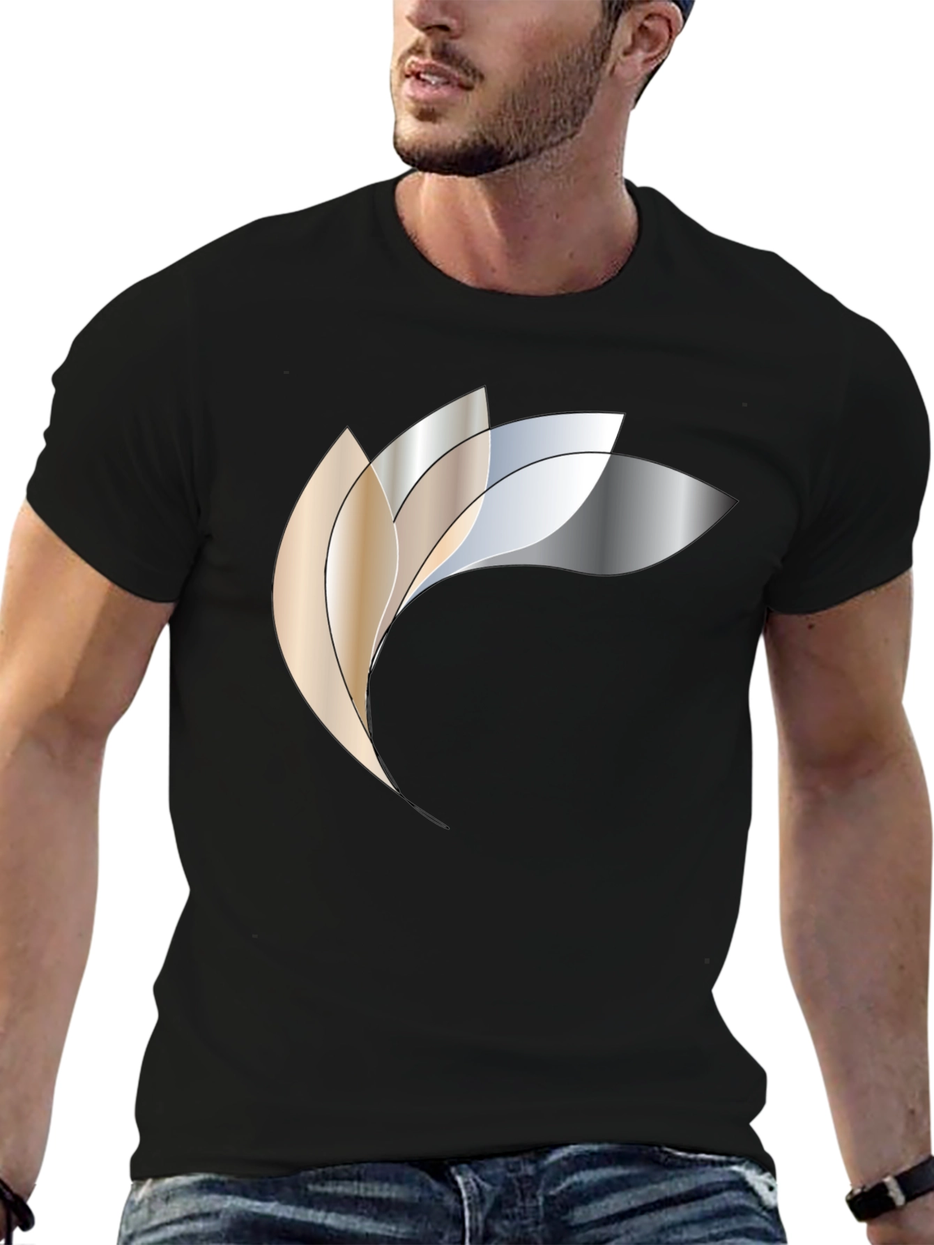 Abstract Metallic Petal Graphic Black T-Shirt