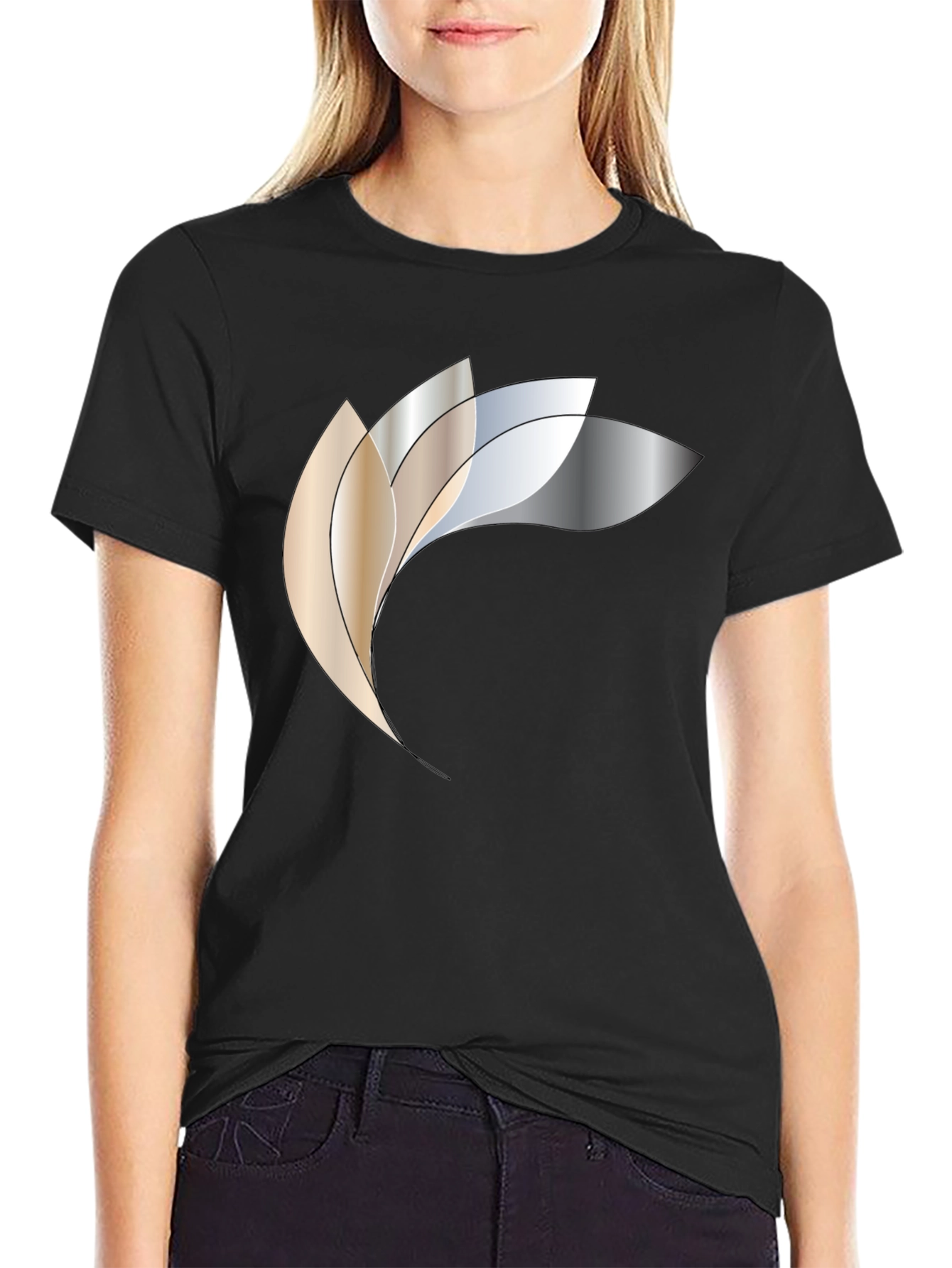 Abstract Metallic Petal Graphic Black T-Shirt