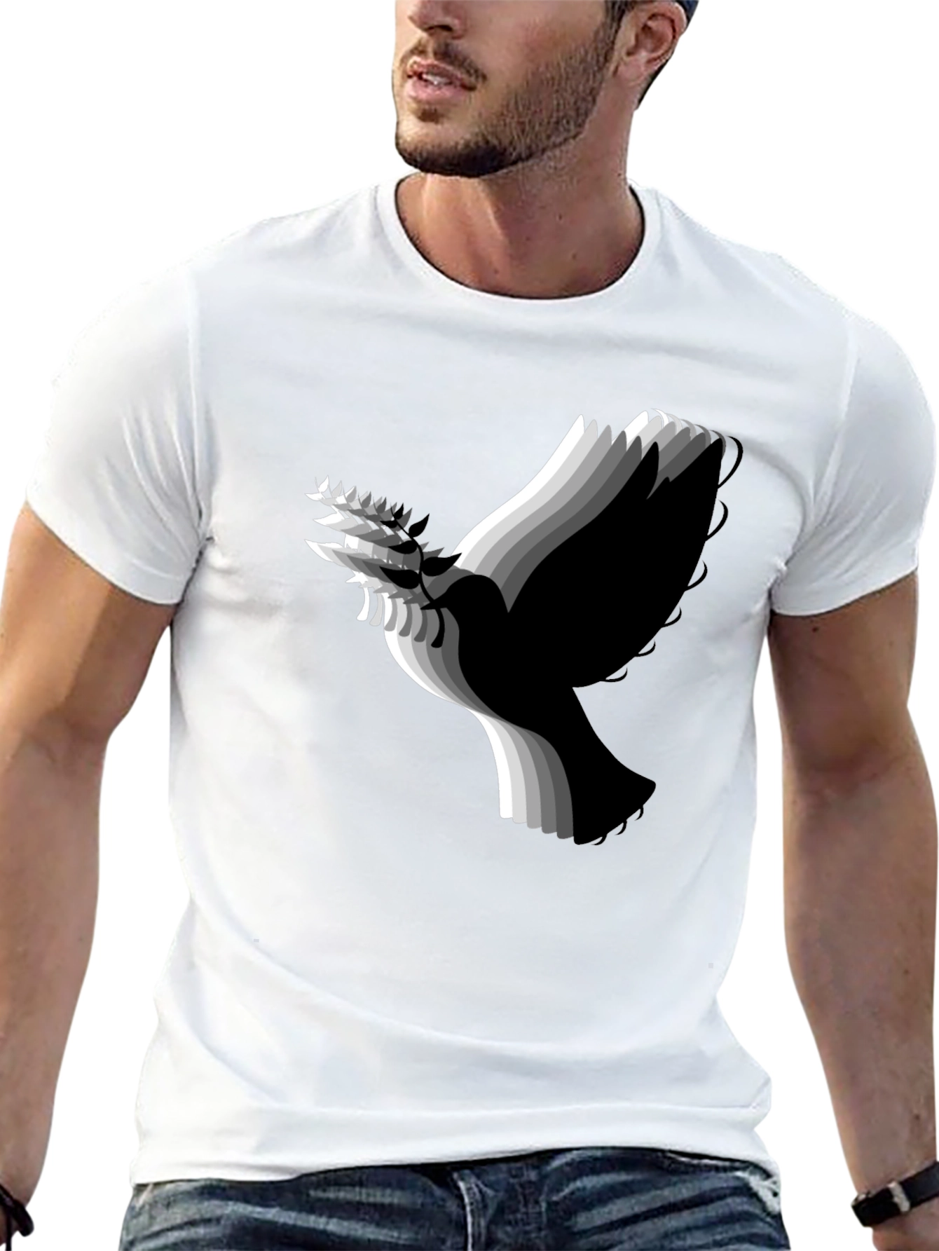 Stylish Black T-Shirt with Abstract Dove Graphic