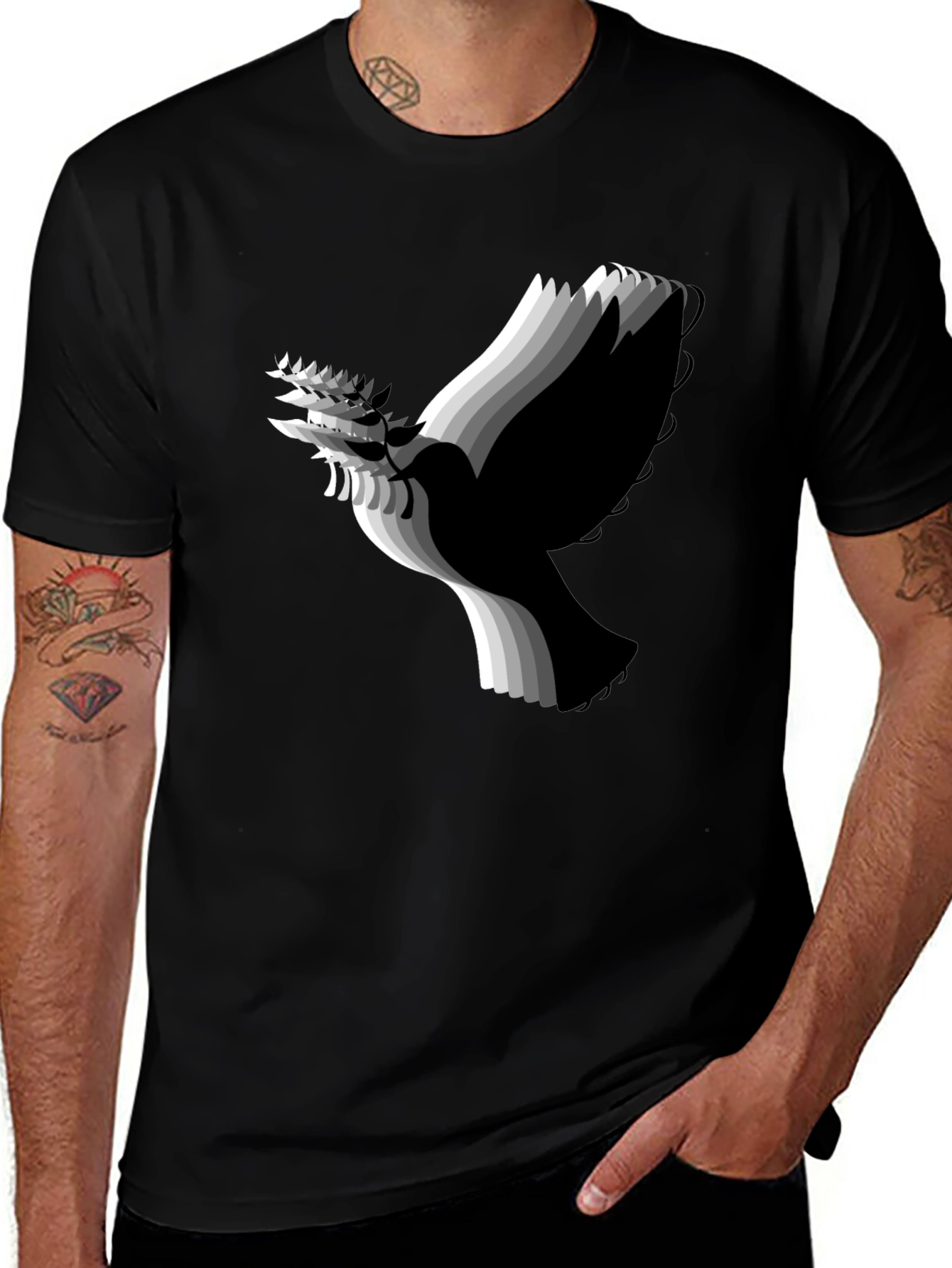 Stylish Black T-Shirt with Abstract Dove Graphic