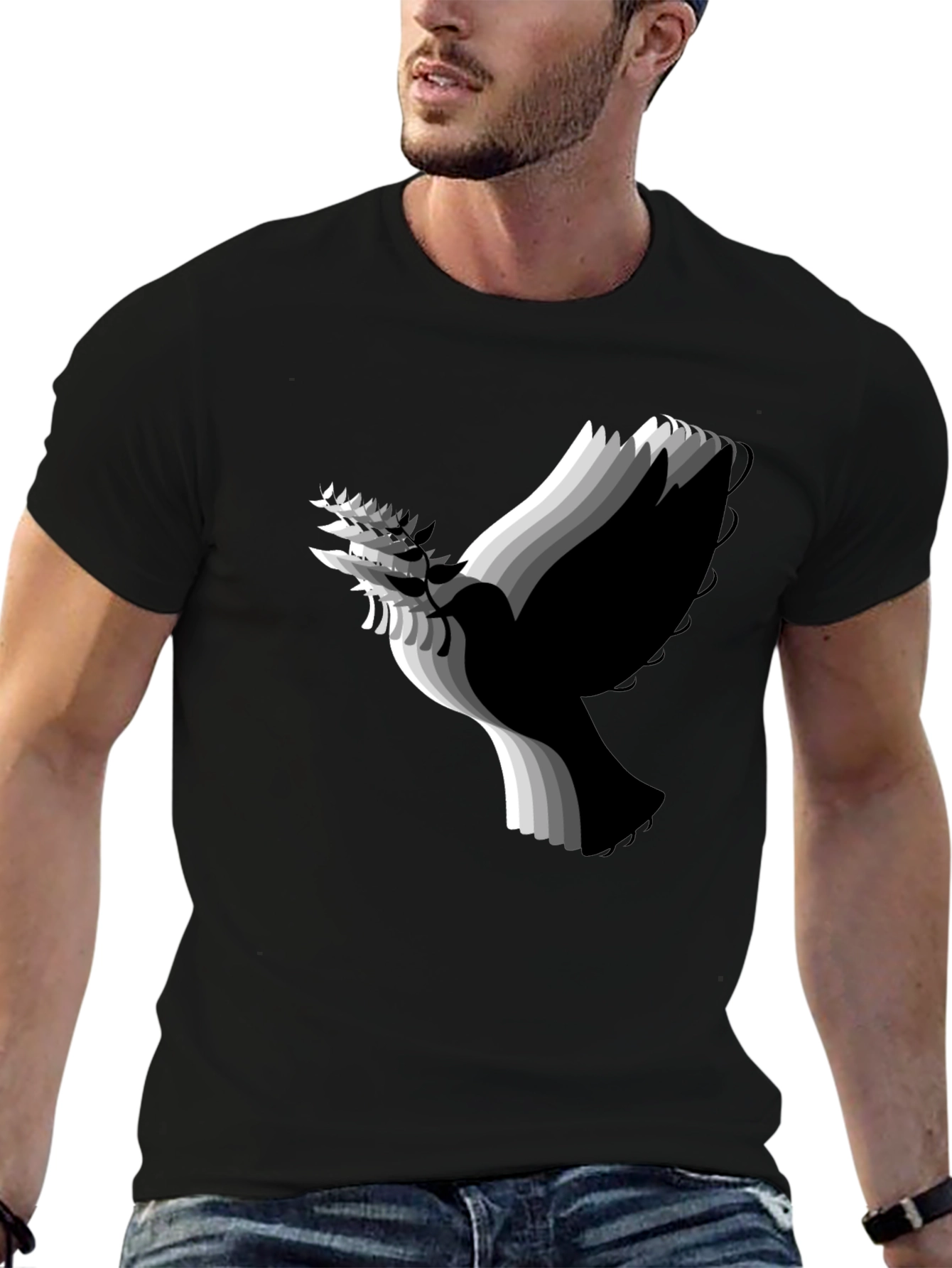 Stylish Black T-Shirt with Abstract Dove Graphic
