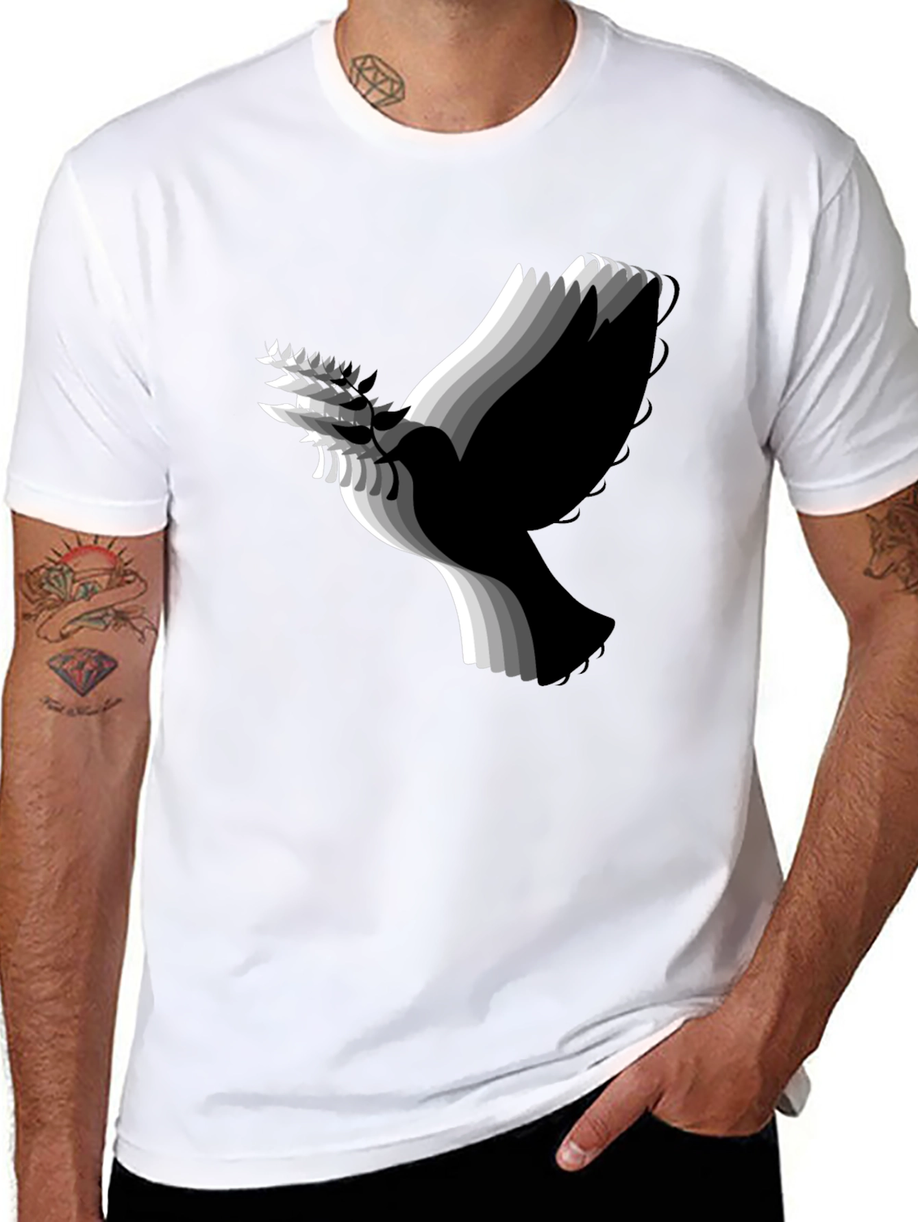 Stylish Black T-Shirt with Abstract Dove Graphic