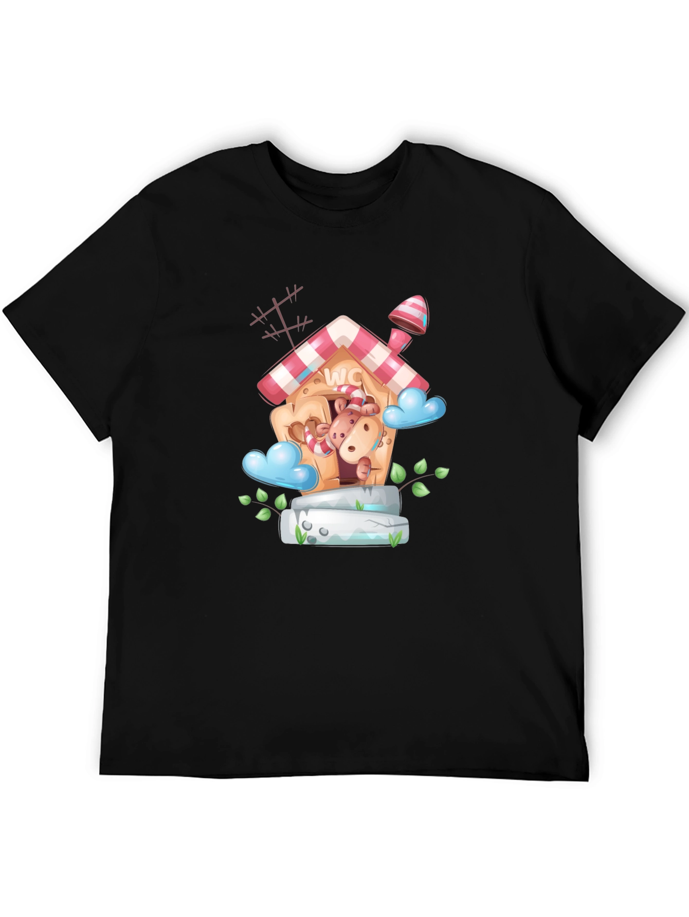 Cartoon Hippo WC House Black T-Shirt