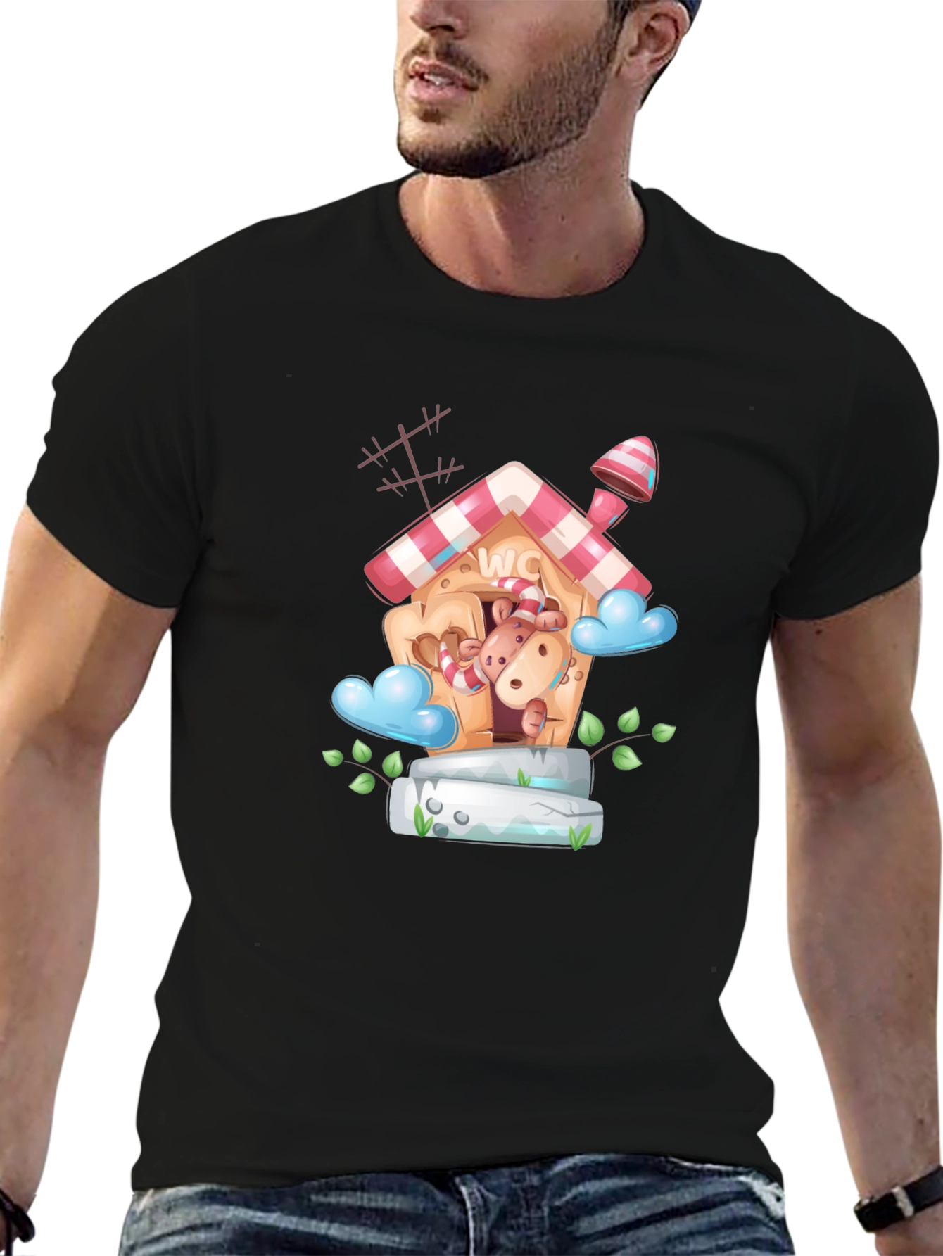 Cartoon Hippo WC House Black T-Shirt