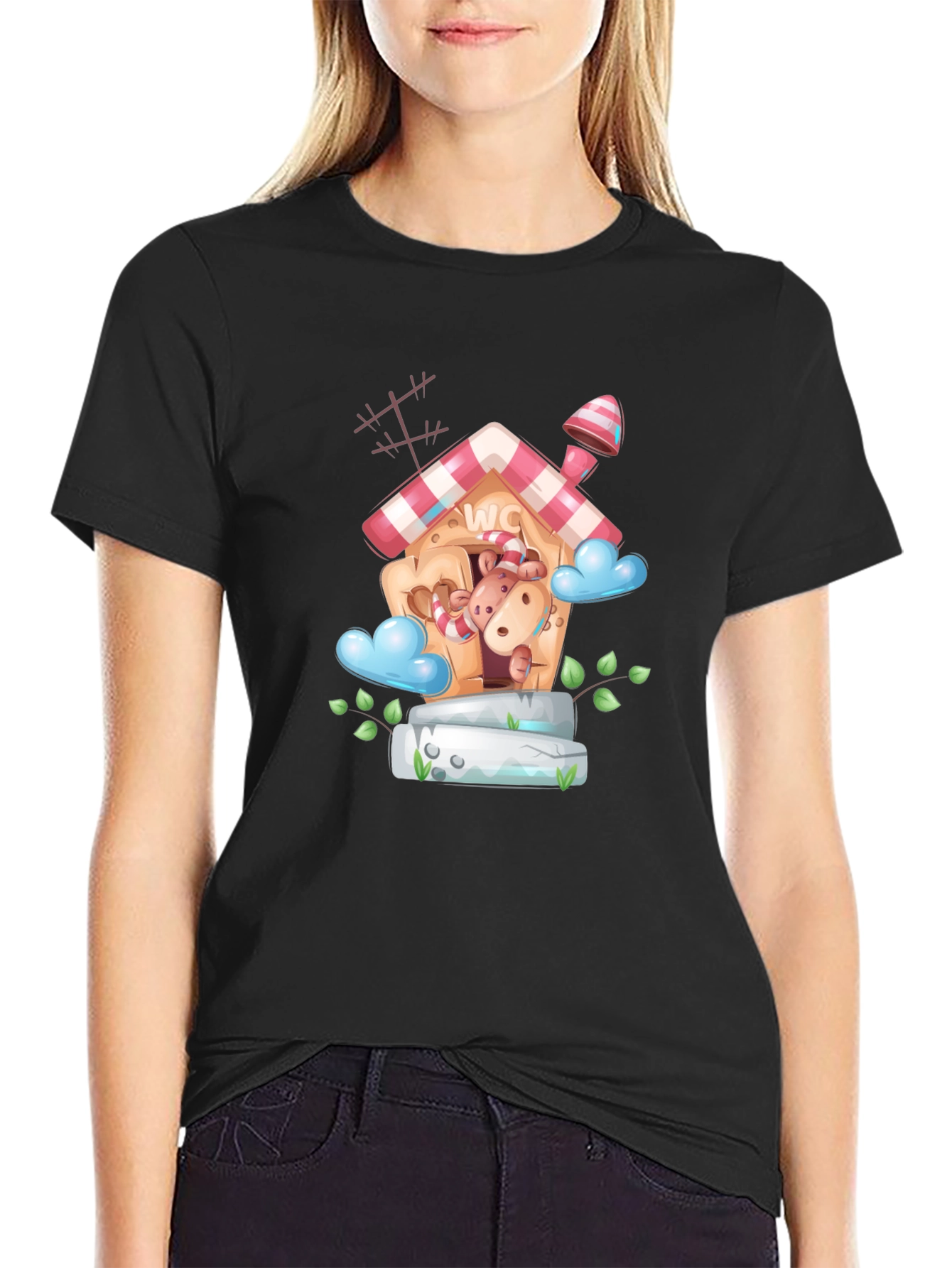 Cartoon Hippo WC House Black T-Shirt