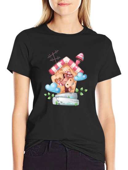 Cartoon Hippo WC House Black T-Shirt