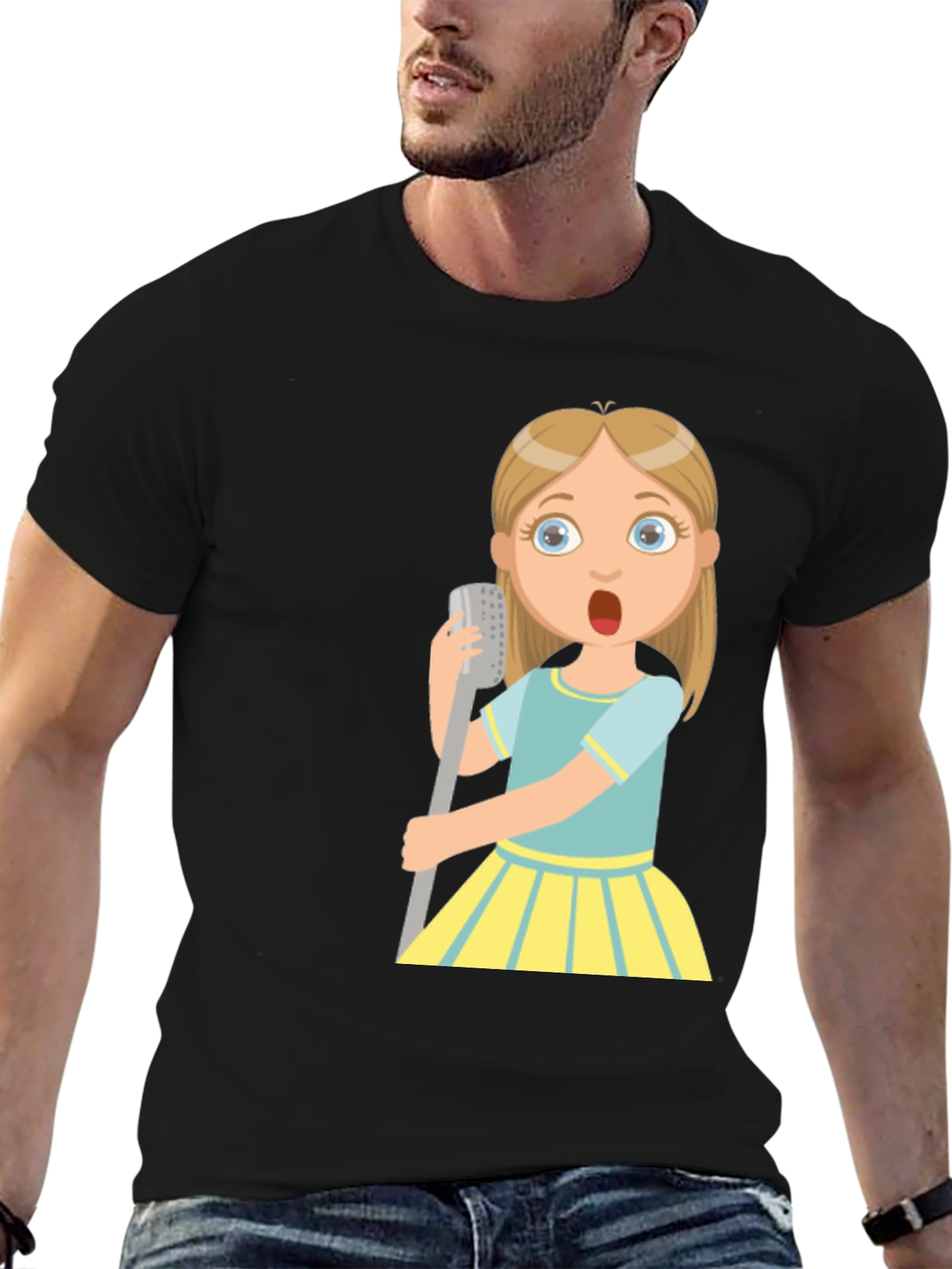 Cartoon Girl Singing Graphic Black T-Shirt