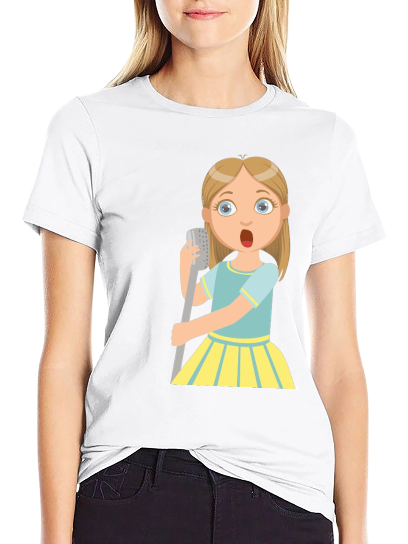 Cartoon Girl Singing Graphic Black T-Shirt