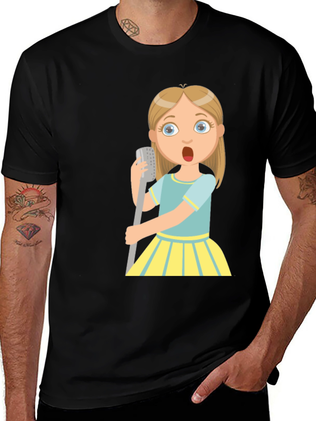 Cartoon Girl Singing Graphic Black T-Shirt