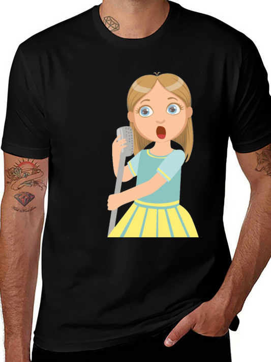 Cartoon Girl Singing Graphic Black T-Shirt