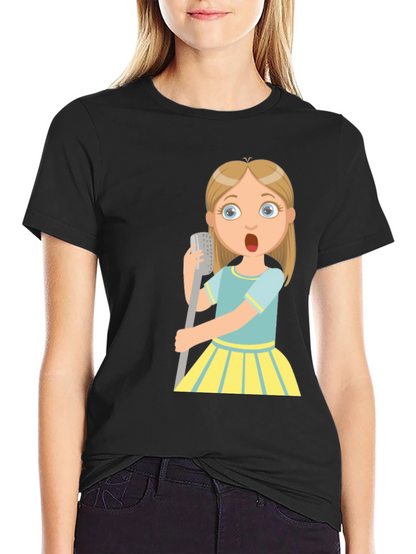 Cartoon Girl Singing Graphic Black T-Shirt