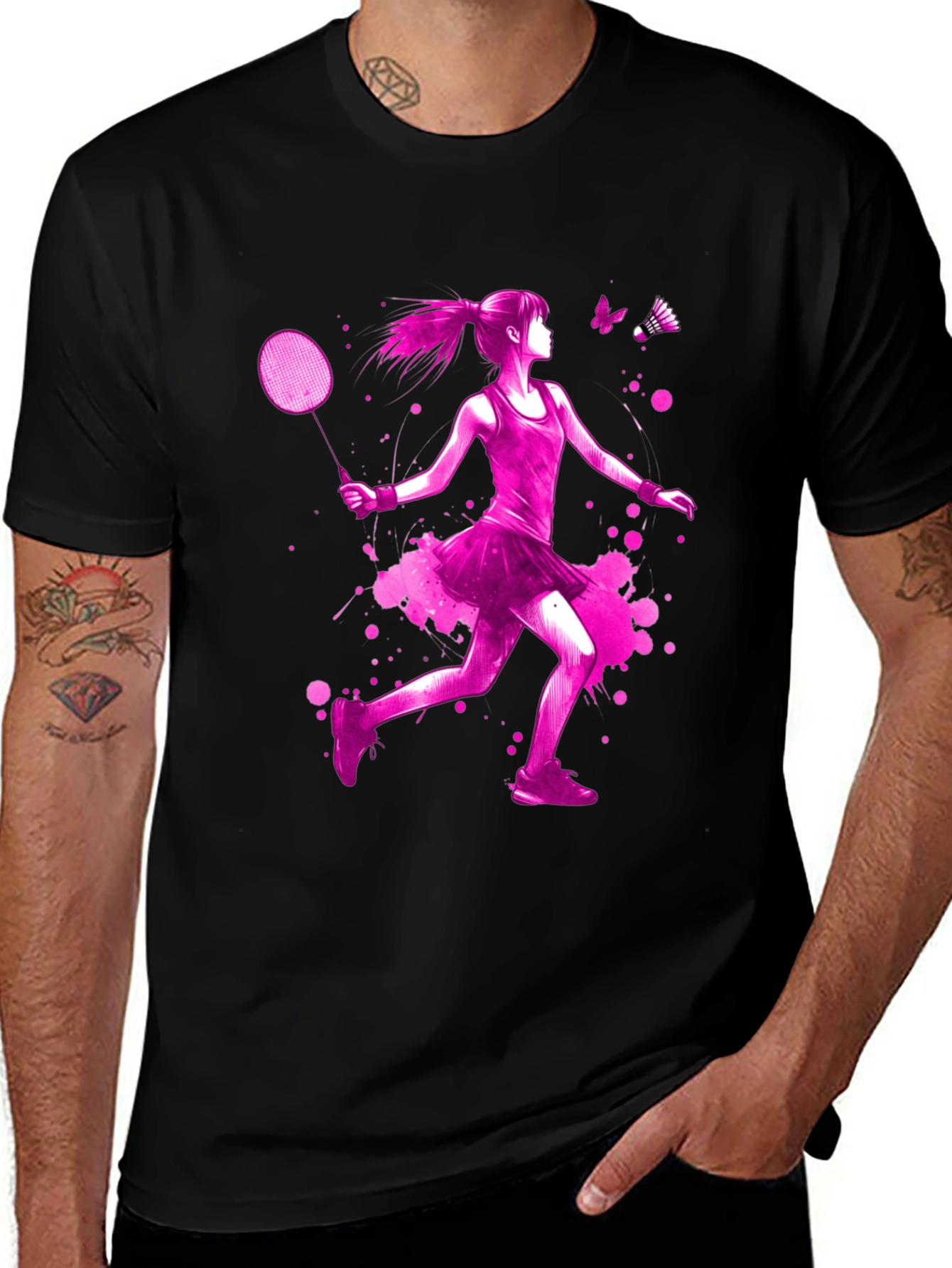 Badminton Girl Pink Print Black T-Shirt