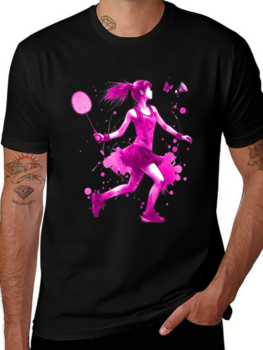 Badminton Girl Pink Print Black T-Shirt