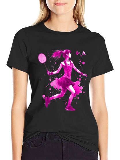 Badminton Girl Pink Print Black T-Shirt