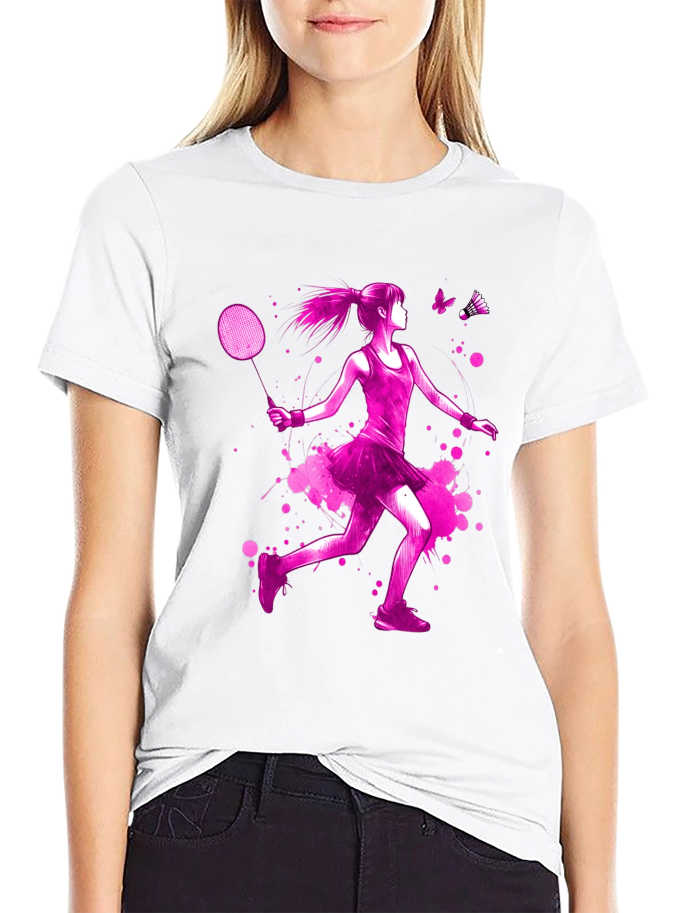 Badminton Girl Pink Print Black T-Shirt