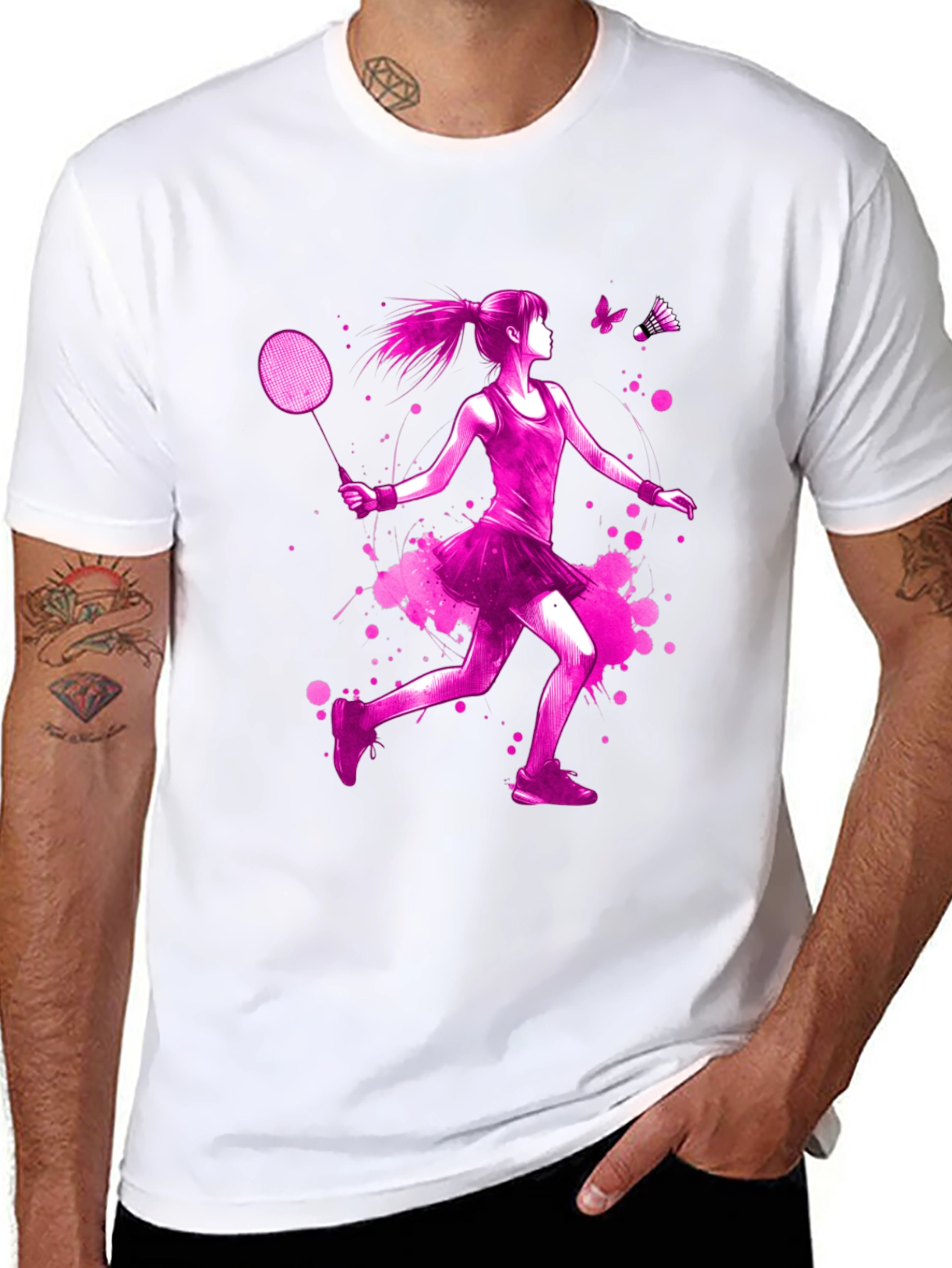 Badminton Girl Pink Print Black T-Shirt