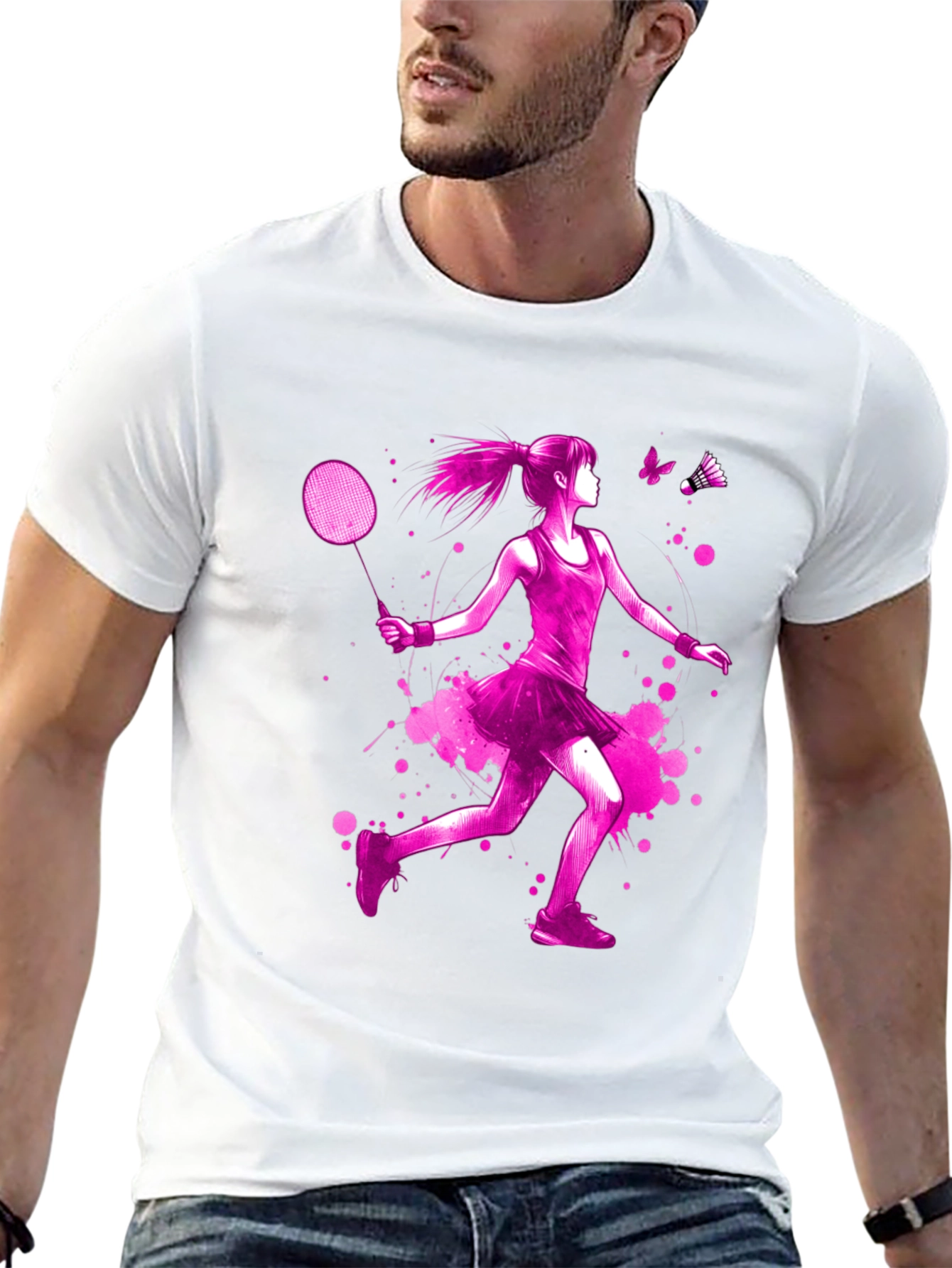Badminton Girl Pink Print Black T-Shirt