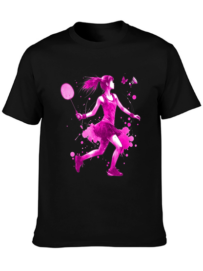 Badminton Girl Pink Print Black T-Shirt